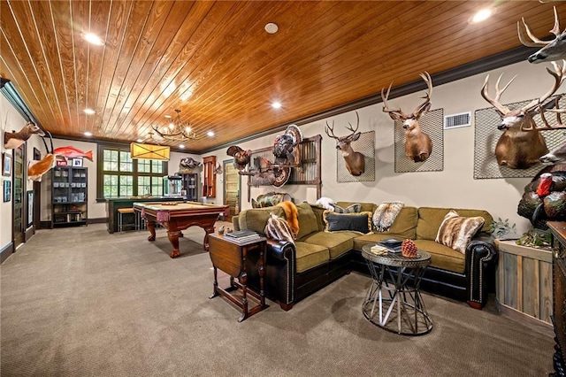 rec room with ornamental molding, wooden ceiling, carpet floors, and billiards