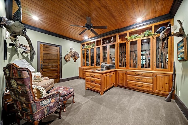 4524 Robert Dr, Valdosta, GA 31605 - living area with baseboards, light colored carpet, wood ceiling, and crown molding