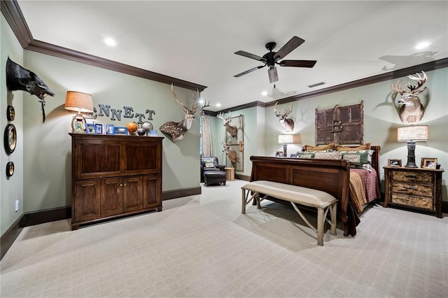 bedroom featuring ceiling fan, carpet flooring, and crown molding