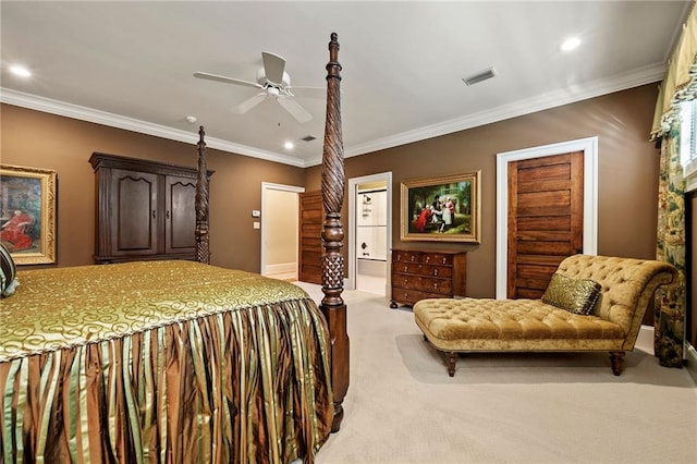 bedroom with light carpet, ceiling fan, and ornamental molding