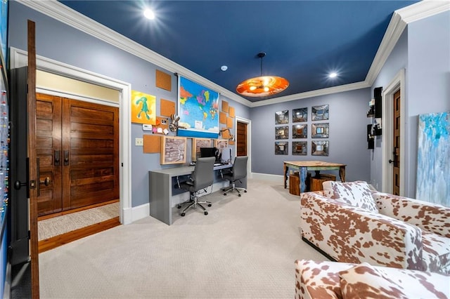 home office featuring carpet and ornamental molding