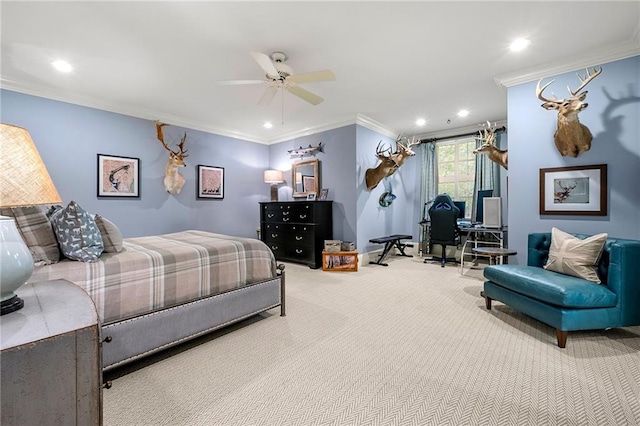 bedroom with ceiling fan, carpet, and ornamental molding