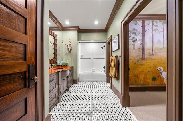 4524 Robert Dr, Valdosta, GA 31605 - full bath featuring crown molding, vanity, recessed lighting, combined bath / shower with glass door, and baseboards