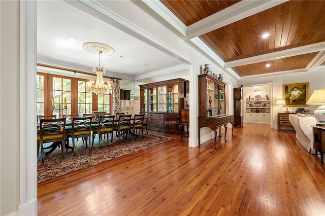 dining room featuring ornamental molding, wooden ceiling, a chandelier, and hardwood / wood-style flooring