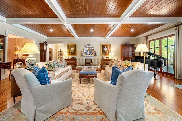 living room with coffered ceiling, wood-type flooring, and beamed ceiling