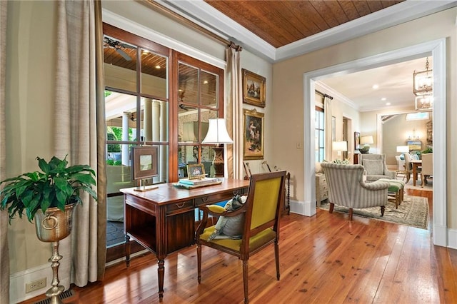 sitting room with wood-type flooring, wood ceiling, and ornamental molding