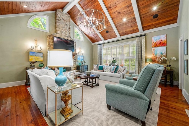 living room featuring high vaulted ceiling, wooden ceiling, a chandelier, beam ceiling, and hardwood / wood-style flooring