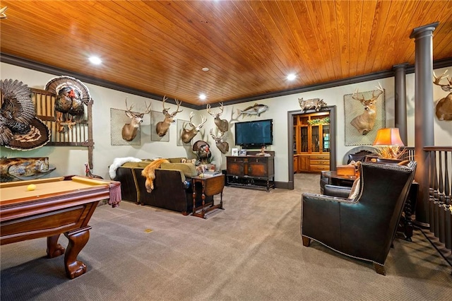 game room with wood ceiling, carpet, billiards, and crown molding