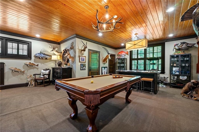 recreation room with carpet flooring, crown molding, billiards, and wood ceiling