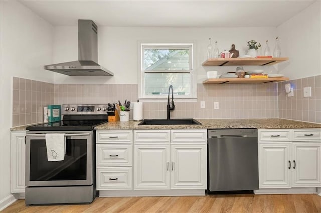 1649 Beecher St SW, Atlanta, GA 30310 - kitchen with appliances with stainless steel finishes, wall chimney range hood, a sink, light stone countertops, and tasteful backsplash