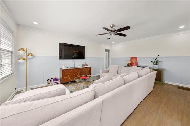 1649 Beecher St SW, Atlanta, GA 30310 - living area with a ceiling fan, light wood-style floors, a wainscoted wall, ornamental molding, and recessed lighting