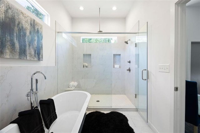 1463 Macklone St NE, Atlanta, GA 30307 - full bathroom featuring a stall shower, a freestanding tub, marble finish floors, and recessed lighting