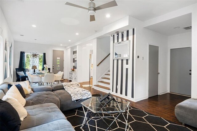 1463 Macklone St NE, Atlanta, GA 30307 - living room featuring wood finished floors, a ceiling fan, stairway, and recessed lighting