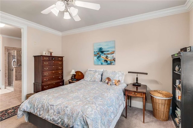 bedroom featuring light carpet, connected bathroom, ornamental molding, and ceiling fan