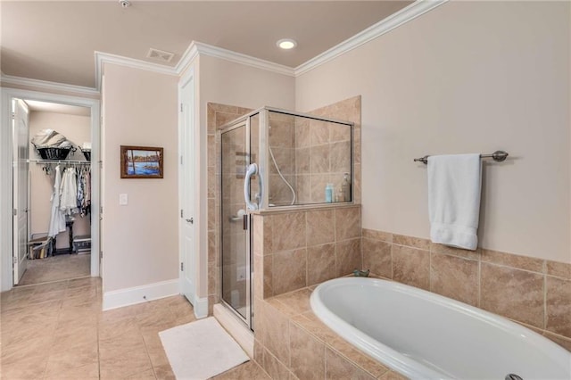 bathroom with crown molding, separate shower and tub, and tile patterned flooring