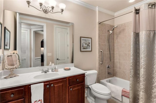 full bathroom featuring vanity, ornamental molding, shower / bath combination with curtain, and toilet