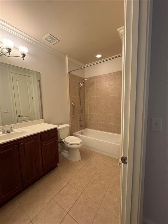 full bathroom featuring crown molding, visible vents, toilet, vanity, and tile patterned flooring