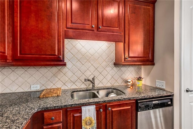 kitchen with tasteful backsplash, dishwasher, sink, and dark stone countertops