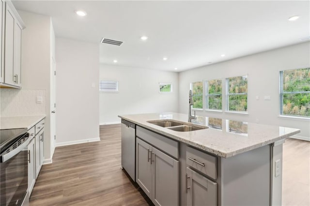 kitchen with gray cabinetry, appliances with stainless steel finishes, visible vents, and a sink