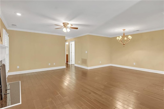 unfurnished living room with crown molding, ceiling fan with notable chandelier, and hardwood / wood-style flooring