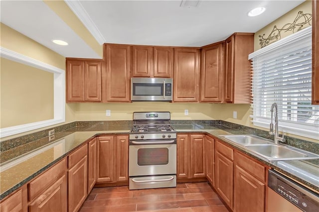 kitchen with ornamental molding, stainless steel appliances, and sink