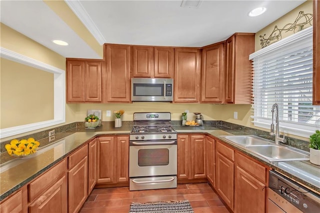 kitchen featuring stainless steel appliances, crown molding, and sink