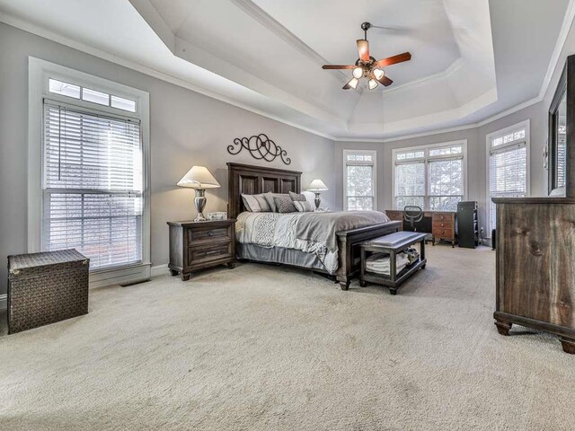 bedroom with ceiling fan, a raised ceiling, light carpet, and multiple windows