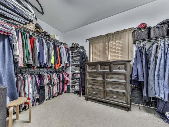 walk in closet featuring light colored carpet