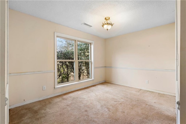 unfurnished room featuring a textured ceiling and light colored carpet