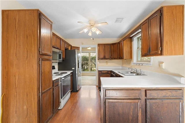 kitchen featuring kitchen peninsula, light hardwood / wood-style floors, appliances with stainless steel finishes, ceiling fan, and sink