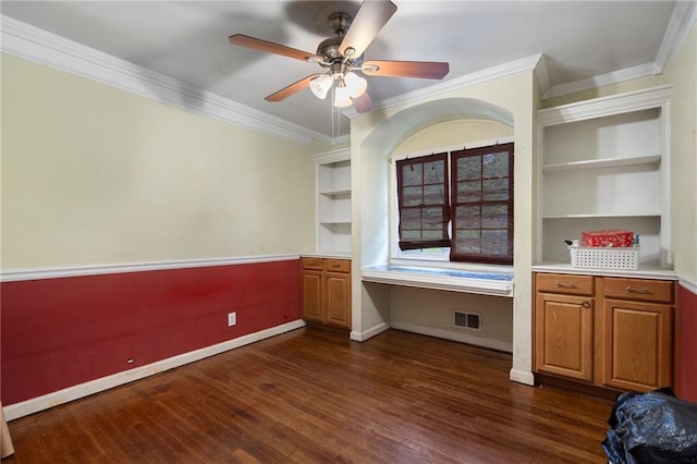 1550 Bells Ferry Rd, Marietta, GA 30066 - unfurnished office with baseboards, a ceiling fan, dark wood finished floors, crown molding, and built in desk