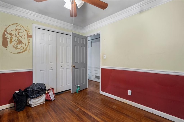 1550 Bells Ferry Rd, Marietta, GA 30066 - unfurnished bedroom featuring wood finished floors, baseboards, crown molding, a closet, and ceiling fan