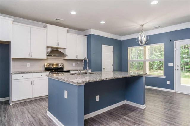 kitchen with under cabinet range hood, stainless steel range with electric stovetop, a sink, white cabinets, and wood finished floors
