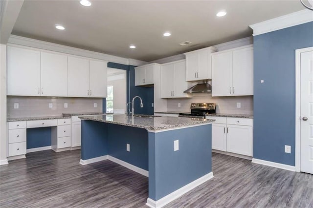 kitchen featuring a sink, stainless steel electric stove, under cabinet range hood, dark wood-style flooring, and tasteful backsplash