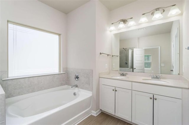bathroom with a garden tub, a shower stall, and double vanity