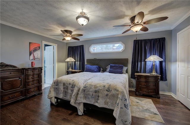 bedroom featuring crown molding, dark wood-type flooring, a textured ceiling, and ceiling fan