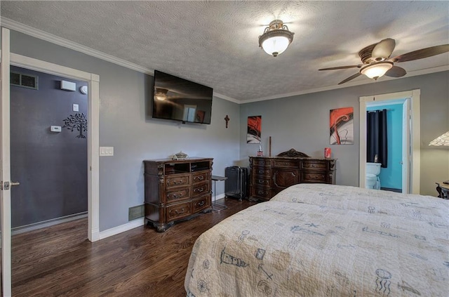 bedroom with ensuite bathroom, crown molding, dark hardwood / wood-style flooring, and a textured ceiling