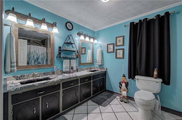 bathroom with vanity, a textured ceiling, crown molding, tile patterned flooring, and toilet