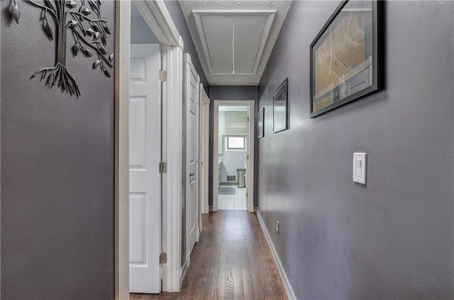 corridor with wood-type flooring