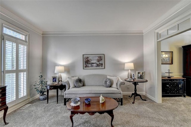 living room featuring carpet and ornamental molding