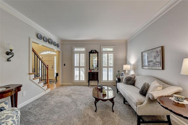 carpeted living room with crown molding