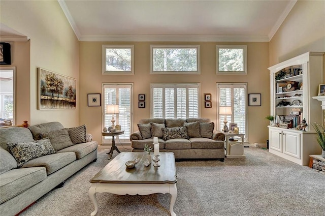 carpeted living room with a high ceiling and plenty of natural light