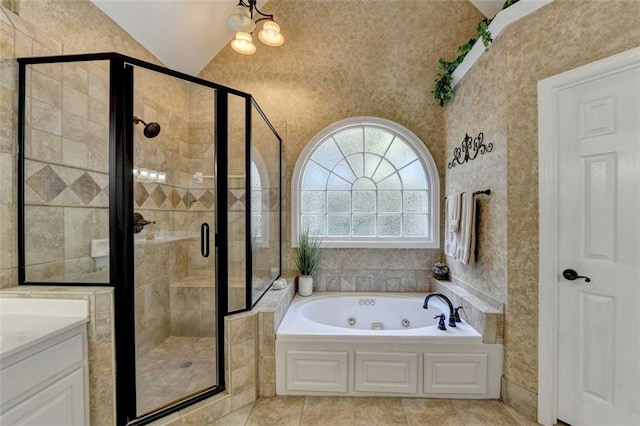 bathroom featuring vanity, lofted ceiling, separate shower and tub, and tile patterned flooring