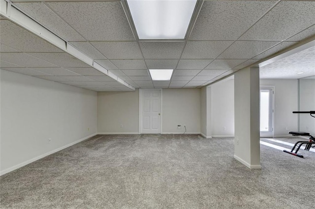 basement with light carpet and a drop ceiling