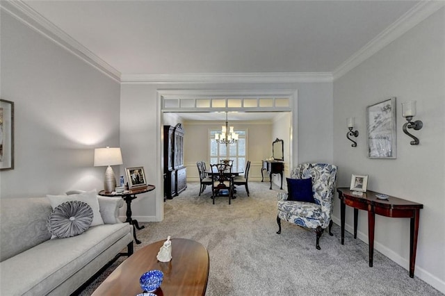 living room with a notable chandelier, ornamental molding, and light colored carpet