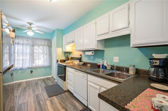 6500 Gaines Ferry Rd Unit E4, Flowery Branch, GA 30542 - kitchen with white appliances, a sink, white cabinets, wood finished floors, and dark countertops