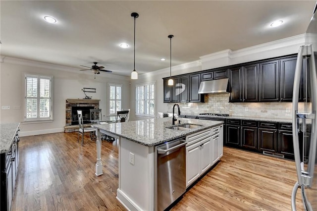 kitchen featuring stainless steel appliances, decorative backsplash, a sink, a stone fireplace, and under cabinet range hood