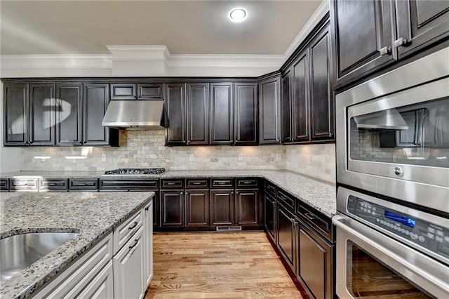 kitchen with light wood finished floors, tasteful backsplash, appliances with stainless steel finishes, crown molding, and under cabinet range hood