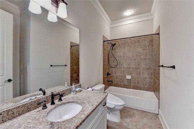 full bathroom featuring crown molding, toilet, tub / shower combination, vanity, and tile patterned flooring