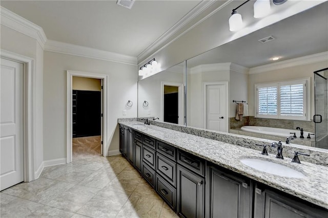 full bathroom with a garden tub, a sink, and crown molding